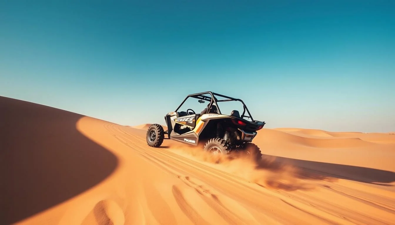 Tourists riding Polaris RZR 1000 CC dune buggies across red Dubai desert dunes with a guide leading the convoy