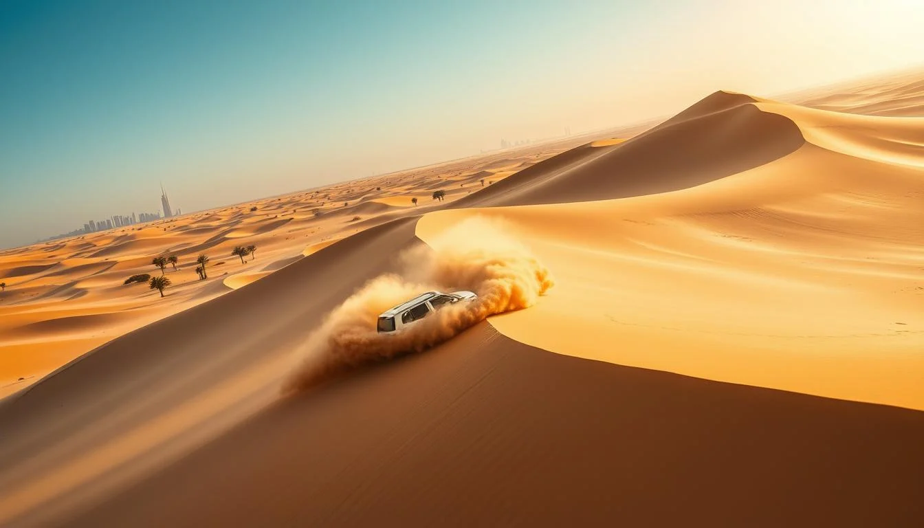 A convoy of 4x4 vehicles kicking up sand as they drive over a large red dune during a dune bashing experience in Dubai