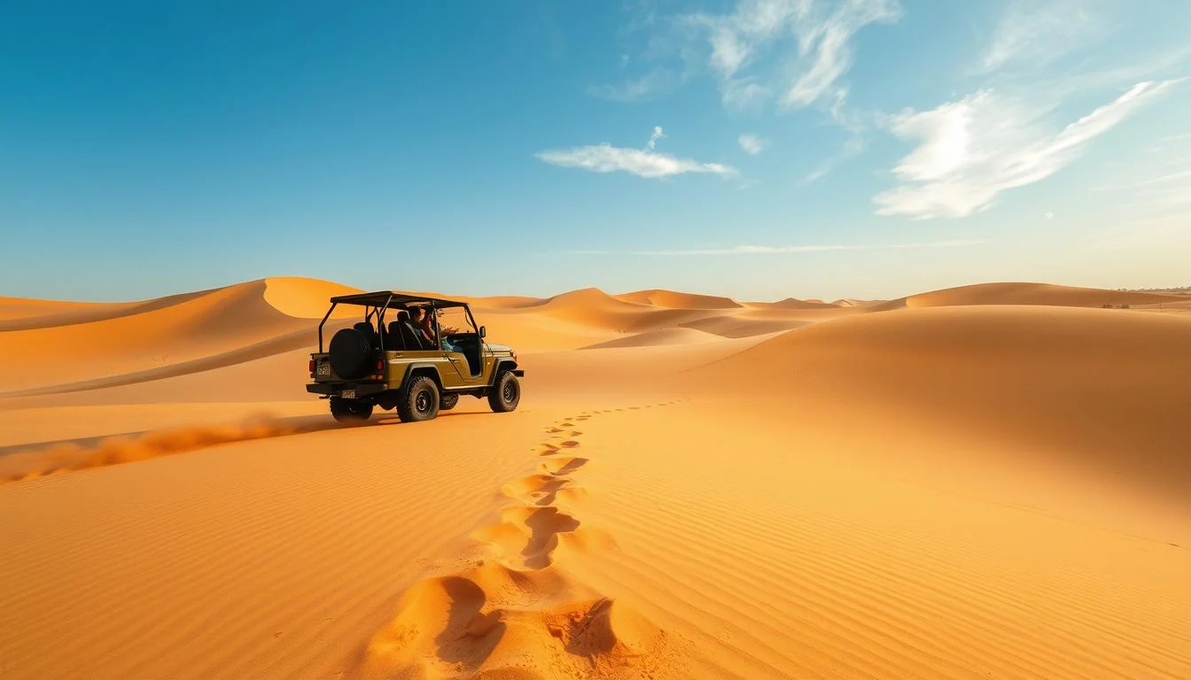 Tourists in a 4x4 vehicle dune bashing across the red sands of the Dubai desert, emphasizing safety