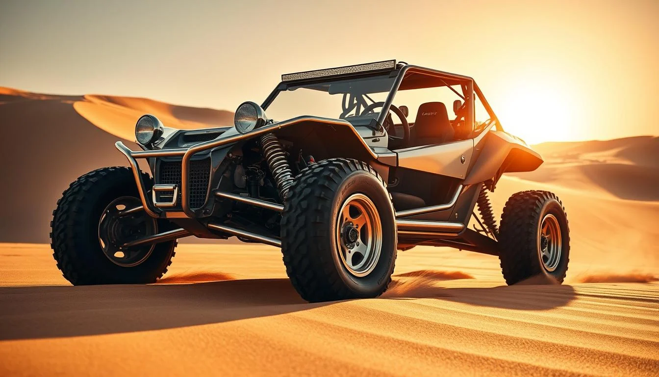 Tourists riding dune buggies across red Dubai dunes at sunset, exploring the desert landscape and enjoying the adventure