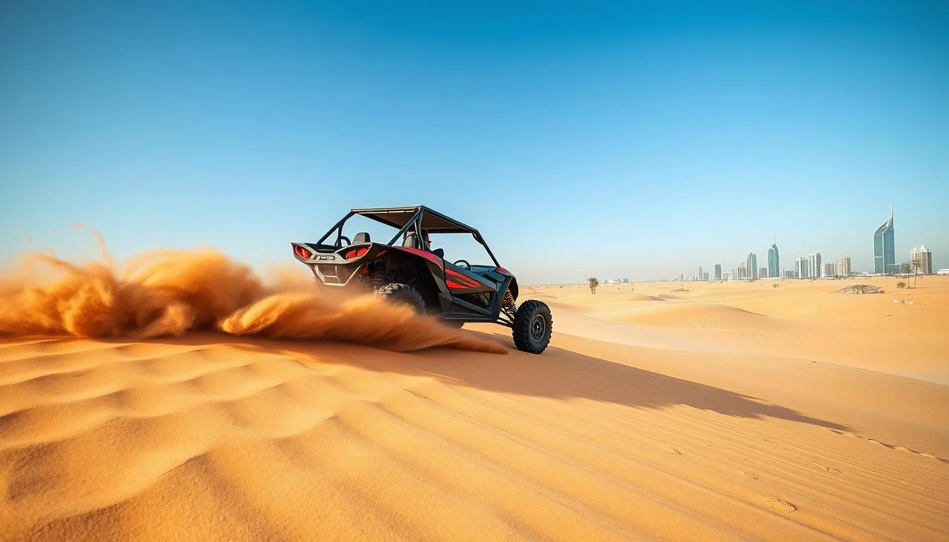 Tourists riding dune buggies across red Dubai dunes at sunset, with a guide leading the convoy and dust trails behind them.