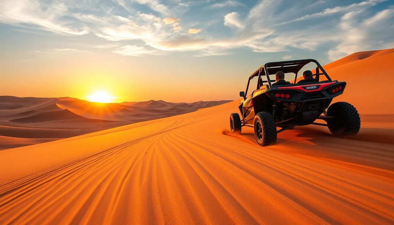Tourists riding dune buggies across the vast, shifting sands of the Dubai desert near Al Safa at sunset, creating an unforgettable adventure.