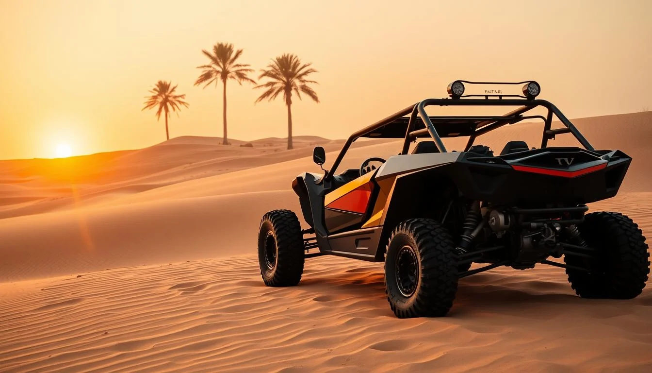 Tourists enjoying a thrilling dune buggy ride across the vast golden sands of the Dubai desert with a clear blue sky