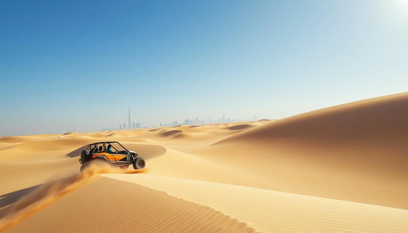 A powerful dune buggy kicks up sand as it races across the vast, golden dunes of the Dubai desert under a clear blue sky