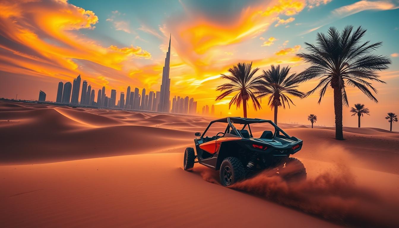 A powerful dune buggy with large tires and a roll cage, parked in front of a modern cityscape with tall skyscrapers, symbolizing the seamless