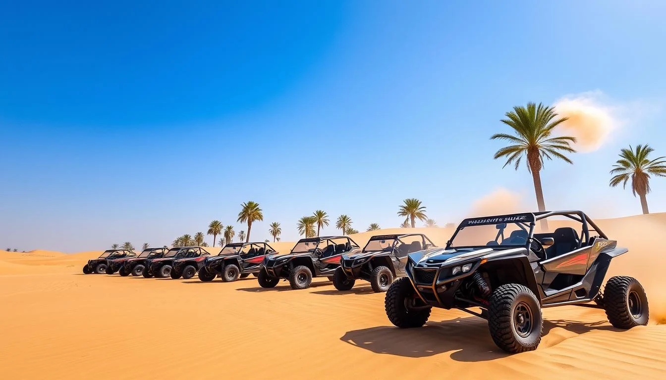Powerful dune buggies lined up in the golden Dubai desert, ready for an adventure near Dubai Investment Park