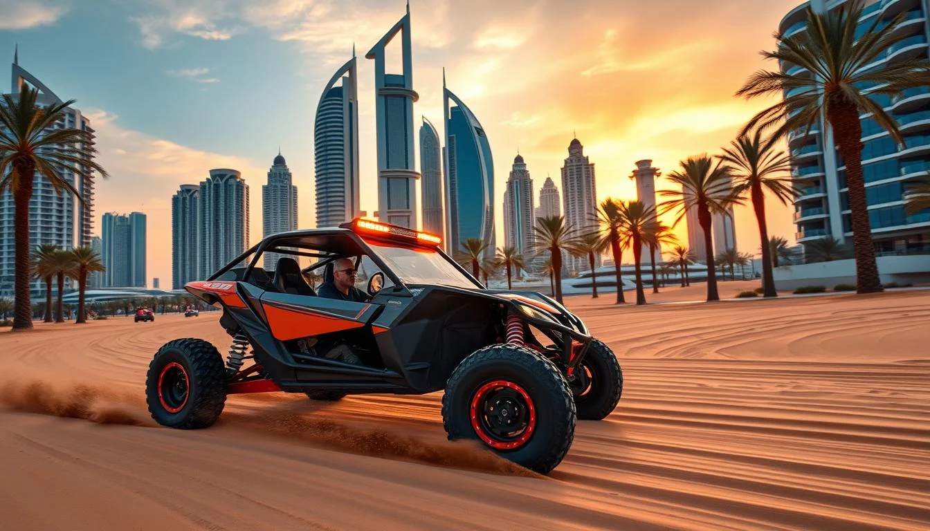 Dune buggy parked on red sand dunes at sunset, with Dubai Marina skyline visible in the distance