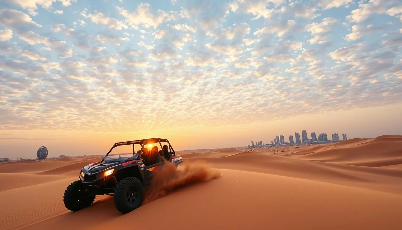 A powerful dune buggy kicks up sand as it speeds across golden desert dunes under a clear blue sky near Dubai Production City, offering an