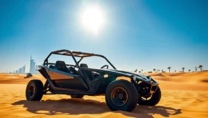 Tourists driving dune buggies across the vast Arabian desert near Dubai Silicon Oasis, with sand dunes stretching into the distance