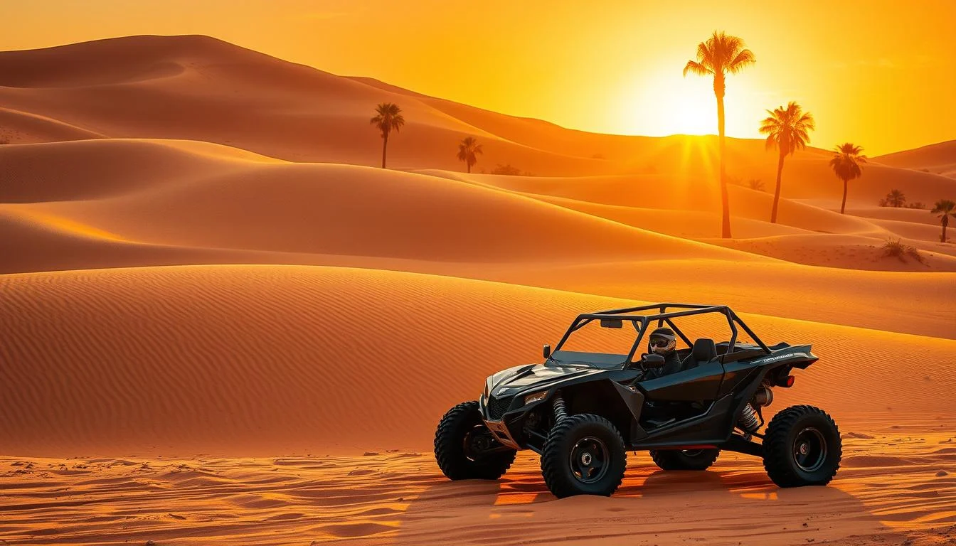 Luxury dune buggy parked on a red sand dune with Emirates Hills residential area visible in the distance under a clear blue sky in Dubai