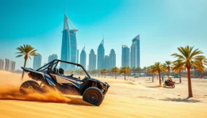 Dune buggy kicking up sand on a beach near palm trees and Dubai skyscrapers, similar to the Jumeirah Beach area