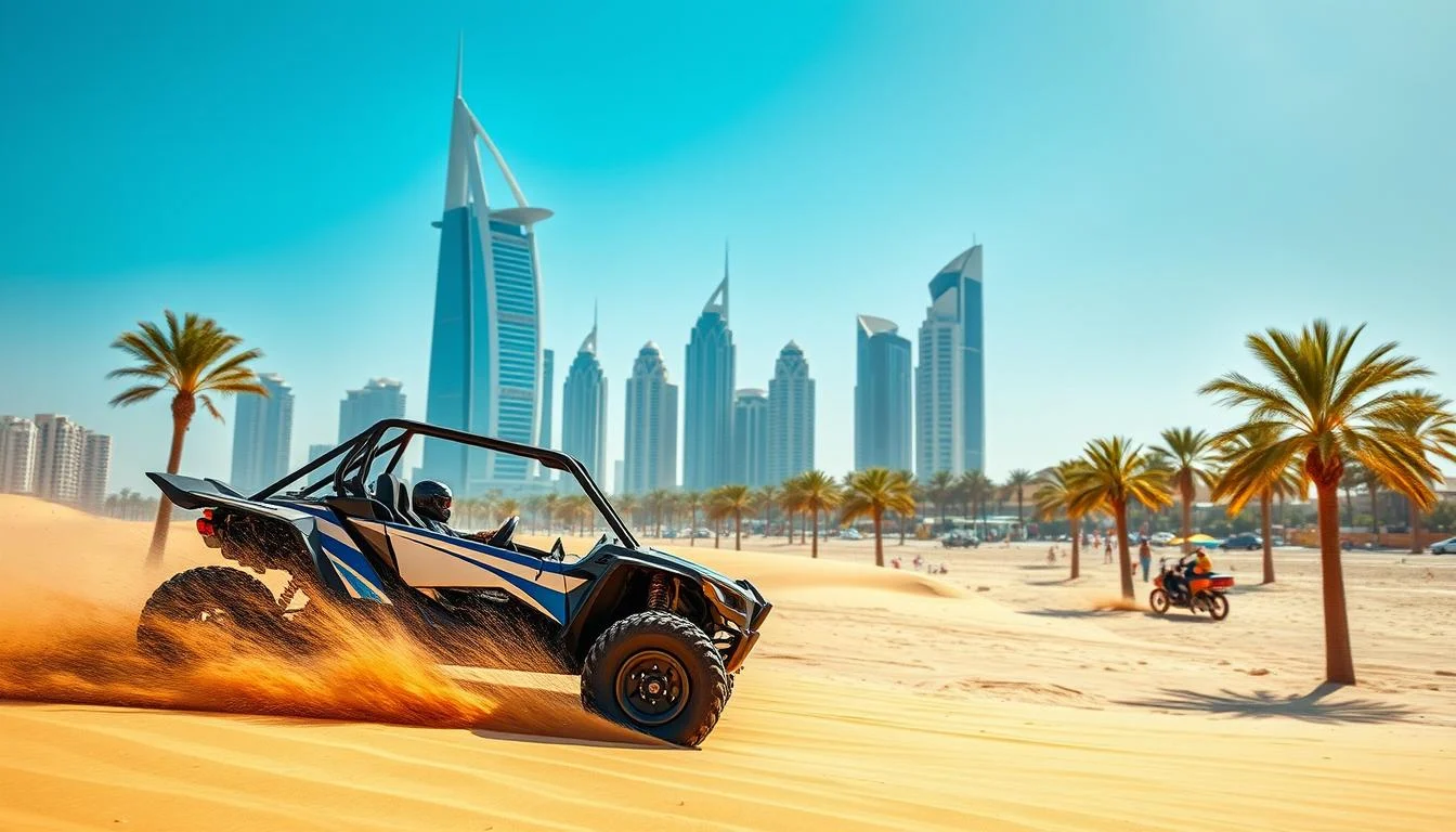 Dune buggy kicking up sand on a beach near palm trees and Dubai skyscrapers, similar to the Jumeirah Beach area