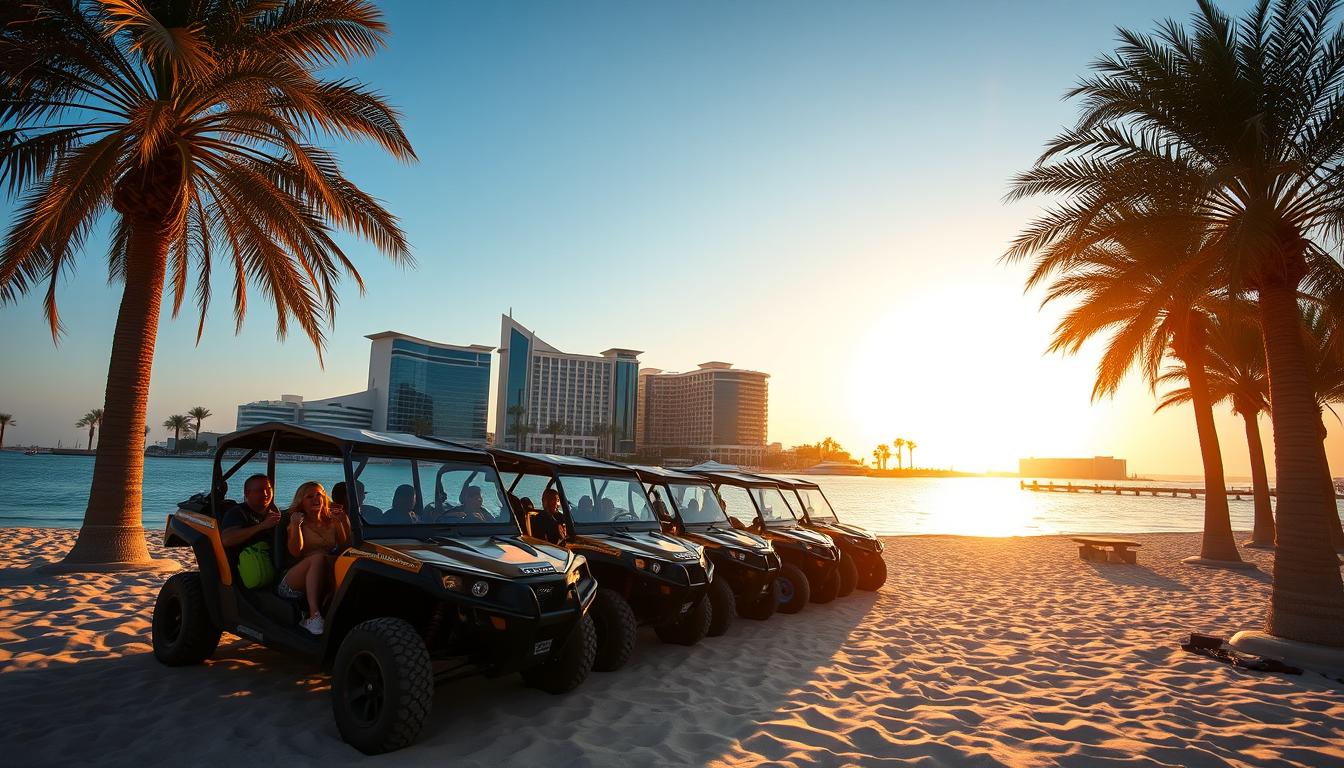 Tourists riding dune buggies across the red Dubai desert dunes near Palm Jumeirah at sunset, enjoying the adventure