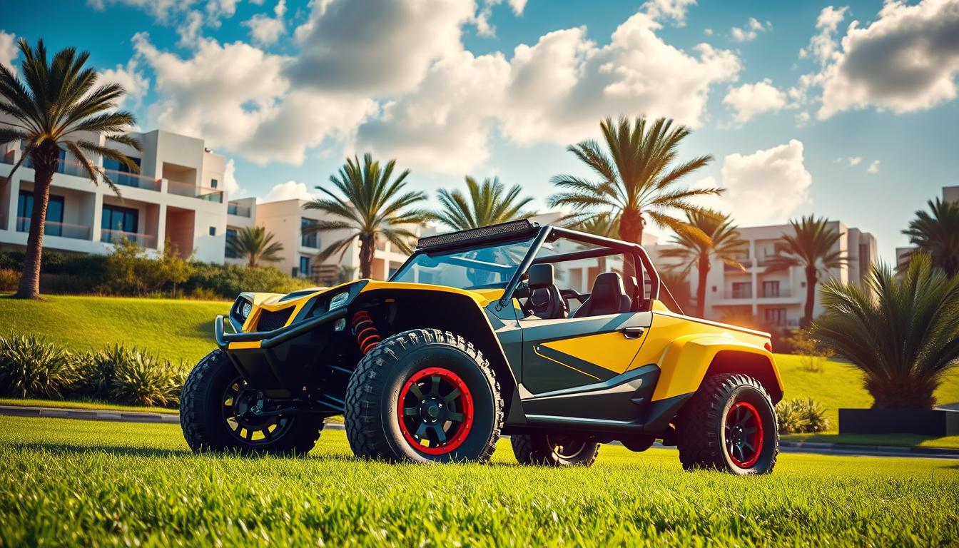 Dune buggy drivers in safety gear preparing for an exciting off-road adventure near The Greens, Dubai, with desert dunes in the background