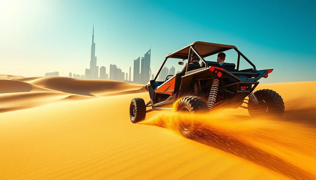 Tourists enjoying a thrilling dune buggy ride across the golden desert near The Meadows Dubai at sunset