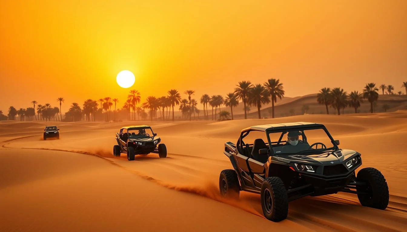 Luxury dune buggies parked in a row, ready for an adventure in the vast Dubai desert near The Springs