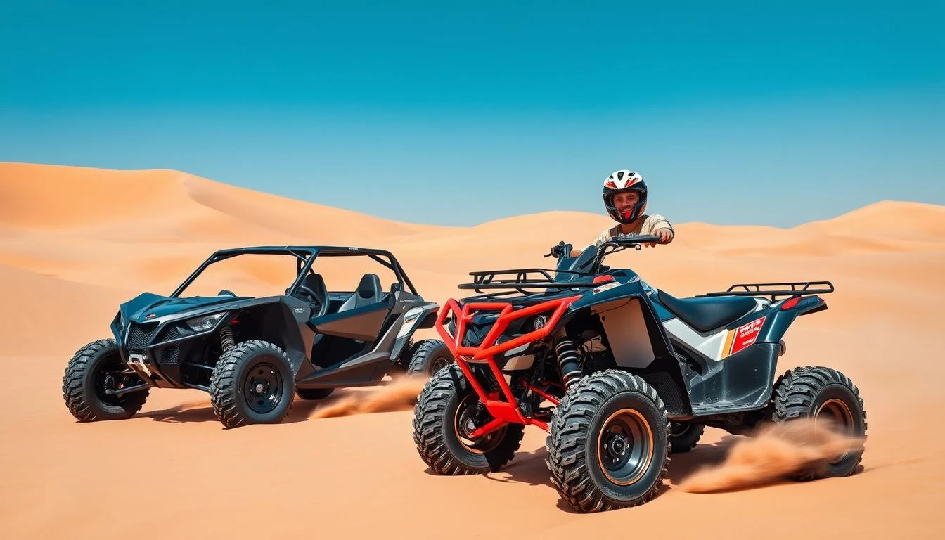 Tourists deciding between a dune buggy and a quad bike in the vast, golden sands of the Dubai desert at sunset