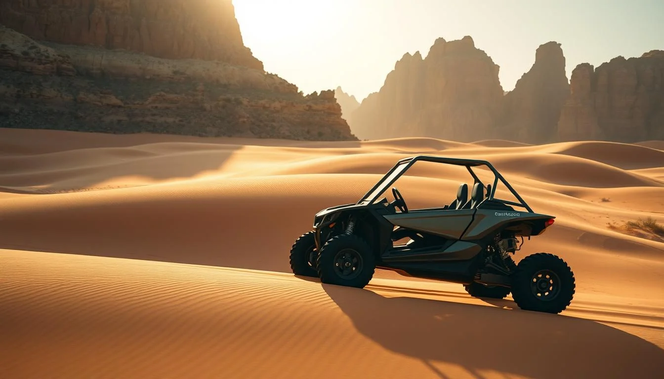 Tourists riding eco-friendly dune buggies across vast red Dubai desert dunes under a bright sun, showcasing sustainable adventure