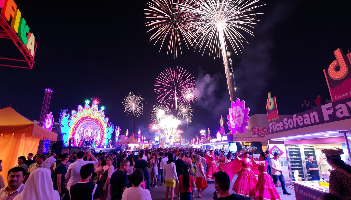 Crowds of people enjoying the vibrant atmosphere and entertainment at the Dubai Shopping Festival with city lights in the background