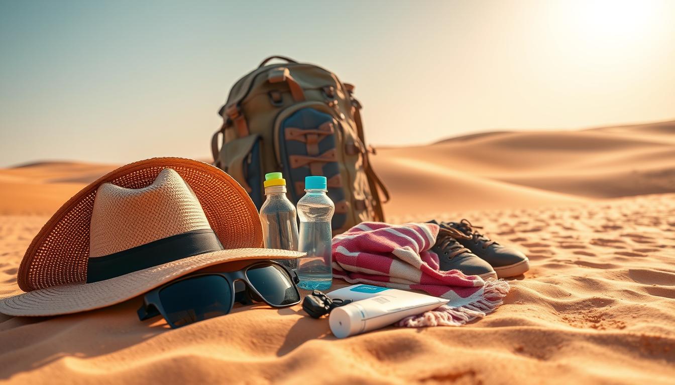 Tourists preparing their essential packing list for desert safari tours in Ras Al Khaimah, ensuring a comfortable and safe adventure in the dunes