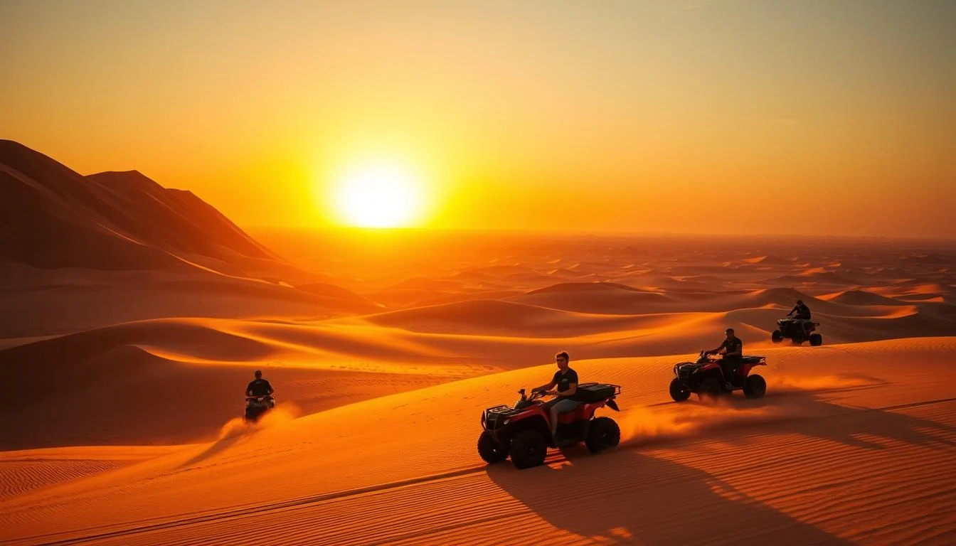 Tourists riding quad bikes across red Abu Dhabi desert dunes at sunset, with golden light illuminating the landscape