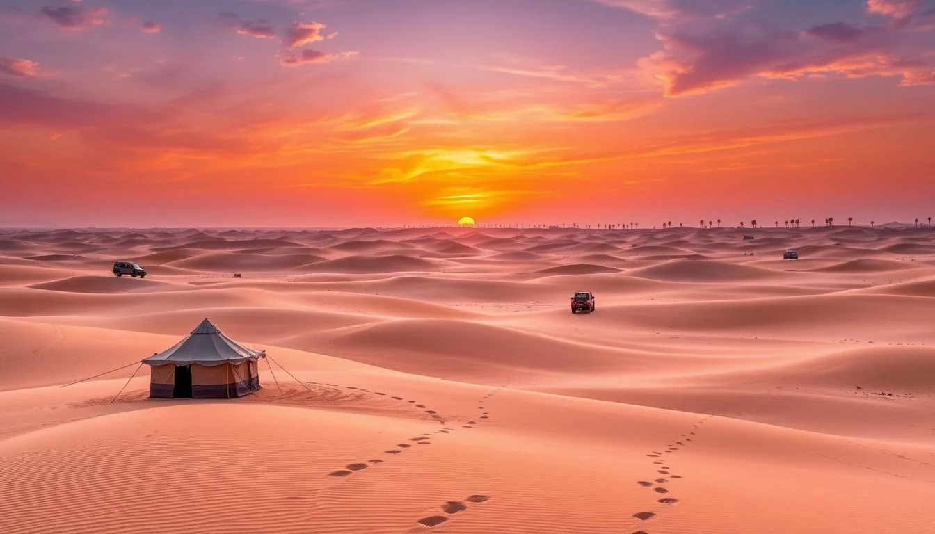 Tourists enjoying a traditional Bedouin camp experience under the stars during an evening desert safari in Dubai