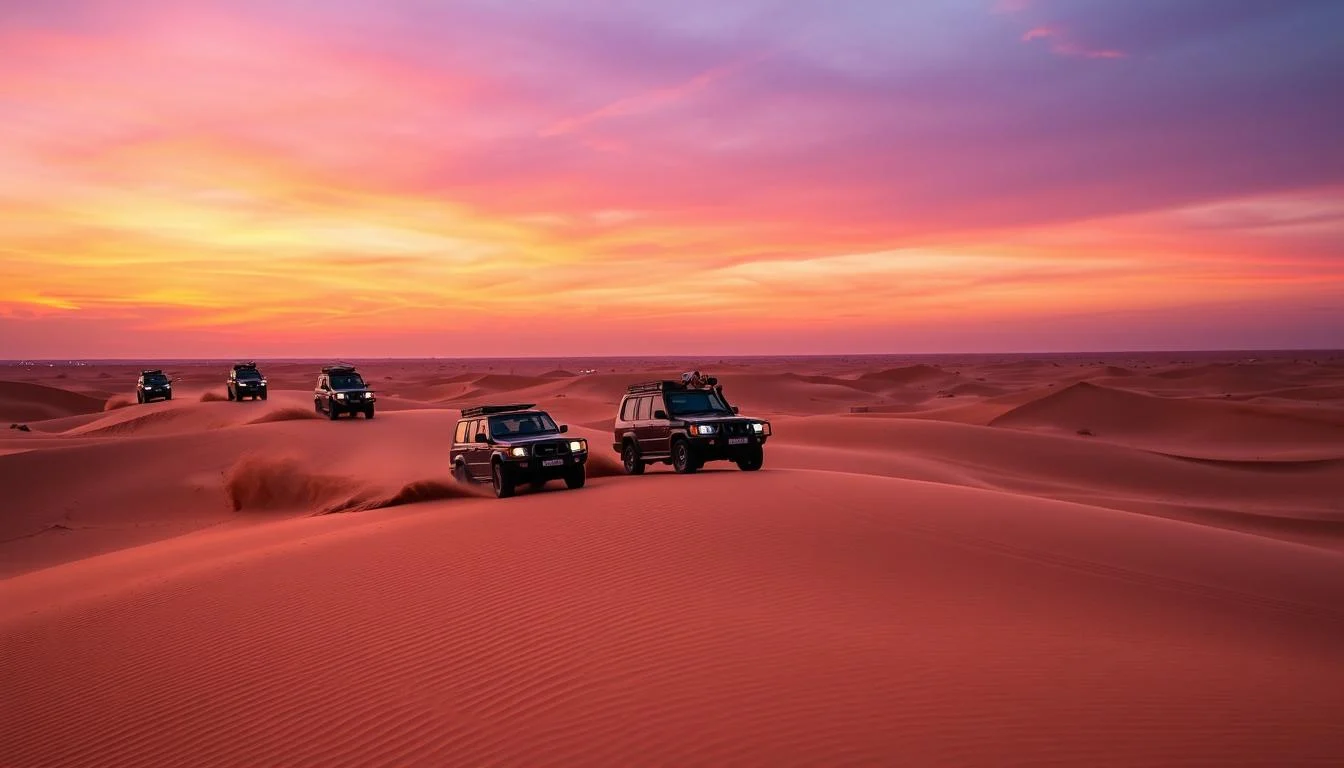 Tourists enjoying an evening dune bashing safari in Dubai, with a 4x4 vehicle kicking up sand against a twilight sky