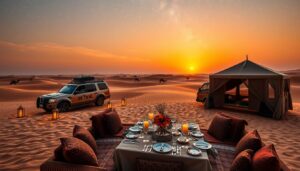 Candlelit dinner setup with cushions on desert dunes beside a tent and 4x4 at sunset, an exclusive desert safari