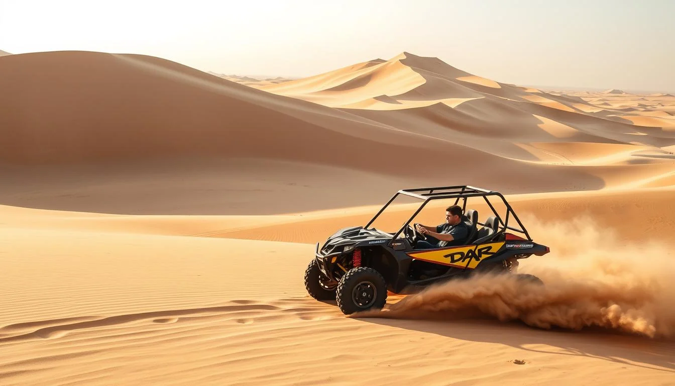 Tourists driving dune buggies across the vast, golden desert dunes of Abu Dhabi under a clear sky