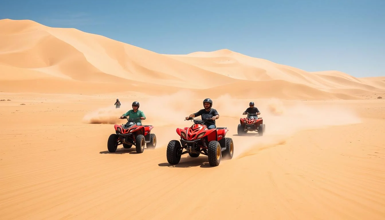 Tourists riding quad bikes across the vast dunes of the Taklamakan Desert at sunset, with golden sand stretching to the horizon