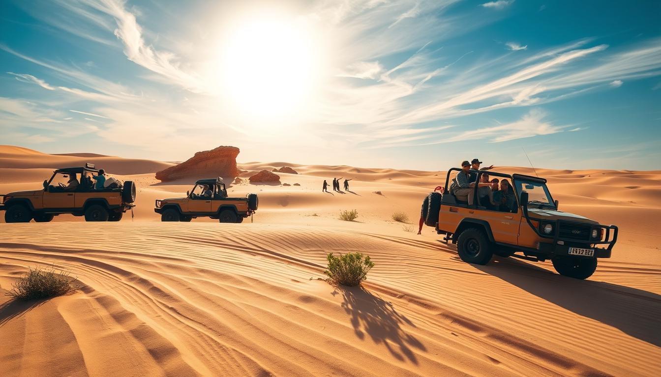 Tourists exploring the Mleiha Desert on a safari tour with a 4x4 vehicle driving on sand dunes at sunset