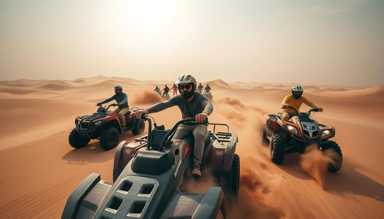 Quad bikers riding across the vast red dunes of Abu Dhabi at sunset, kicking up sand and enjoying the thrill of the desert adventure