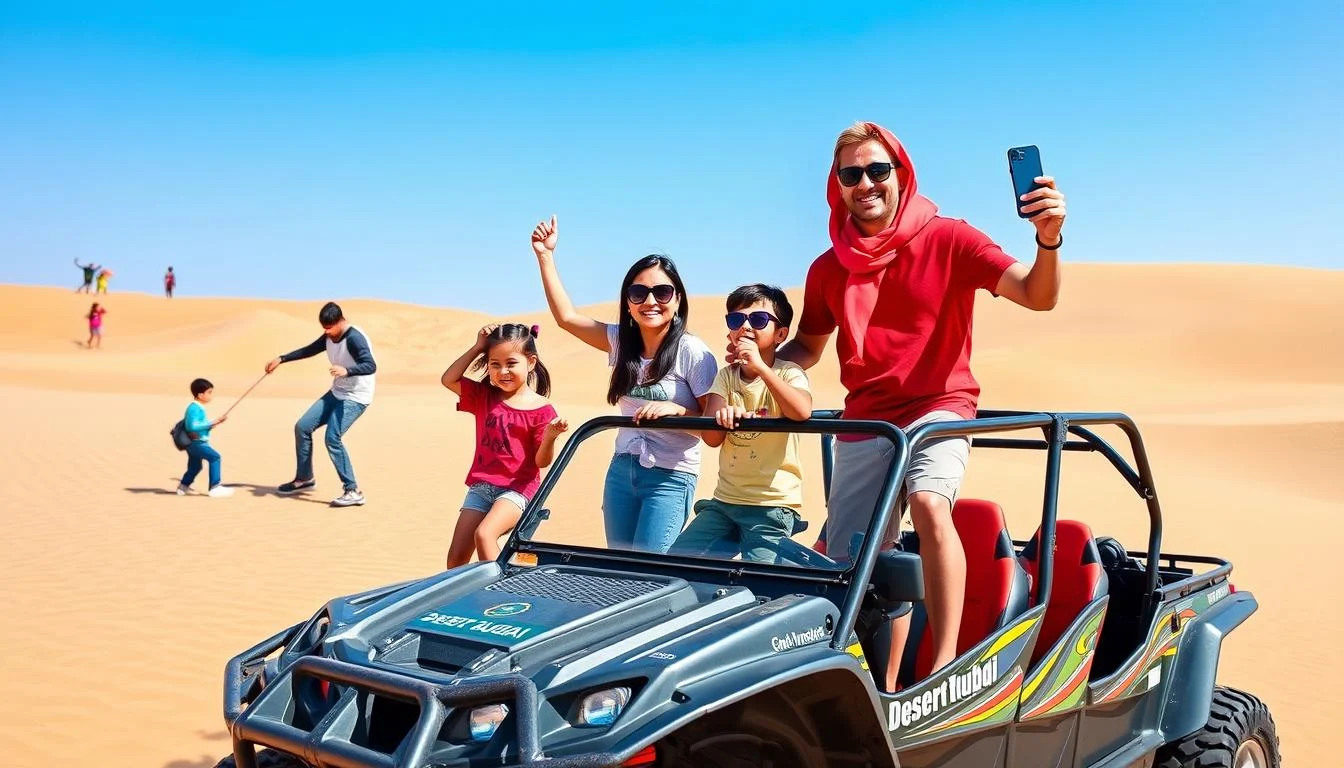 Families with children enjoying various attractions and activities in Dubai, including theme parks and educational centers