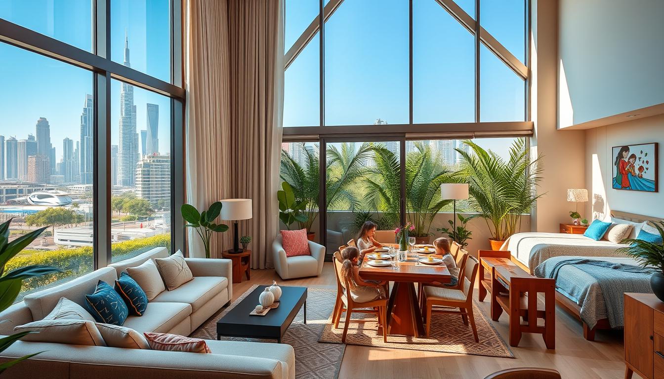 A family with two children enjoying a spacious and comfortable hotel room in Dubai, with a view of the city skyline in the background