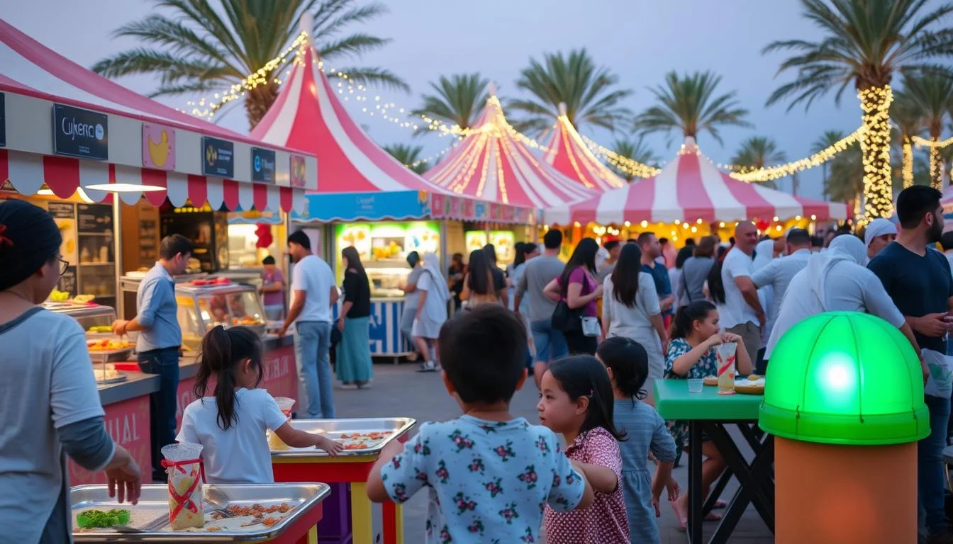 Families with children enjoying diverse foods and entertainment at a vibrant outdoor food festival in Dubai