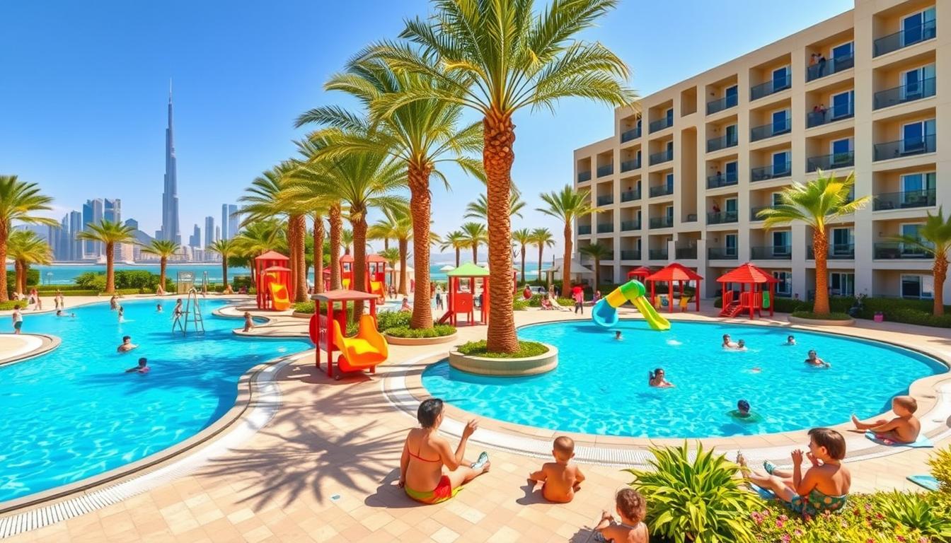 Families enjoying various activities at a luxurious family-friendly hotel in Dubai, with children playing in a pool and parents relaxing nearby.