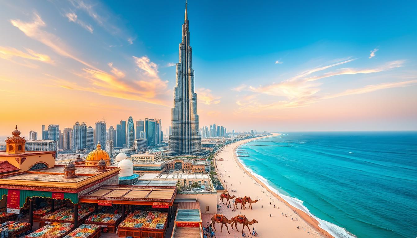 Tourists exploring the modern skyline of Dubai with the Burj Khalifa in the background, showcasing the city's blend of tradition and futurism