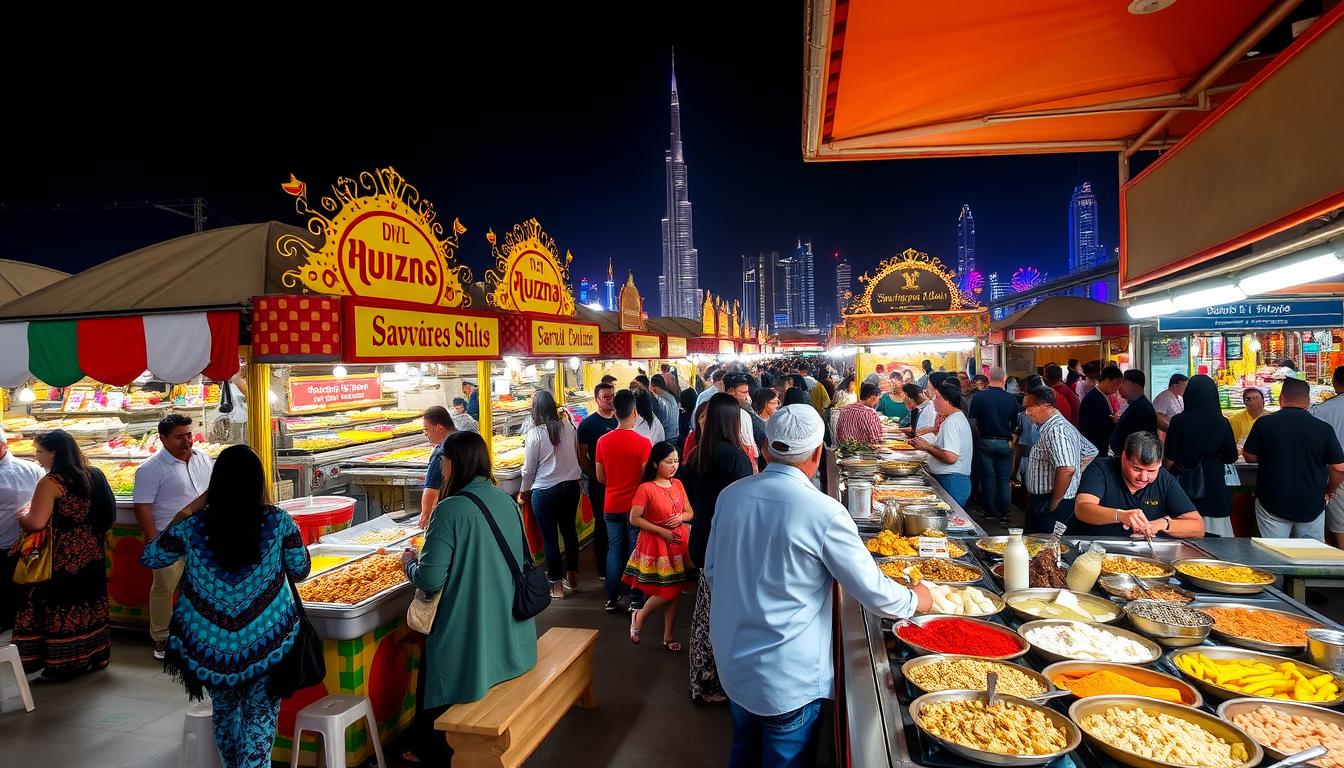 People enjoying diverse global cuisines at a vibrant Dubai food festival with colorful stalls and delicious dishes