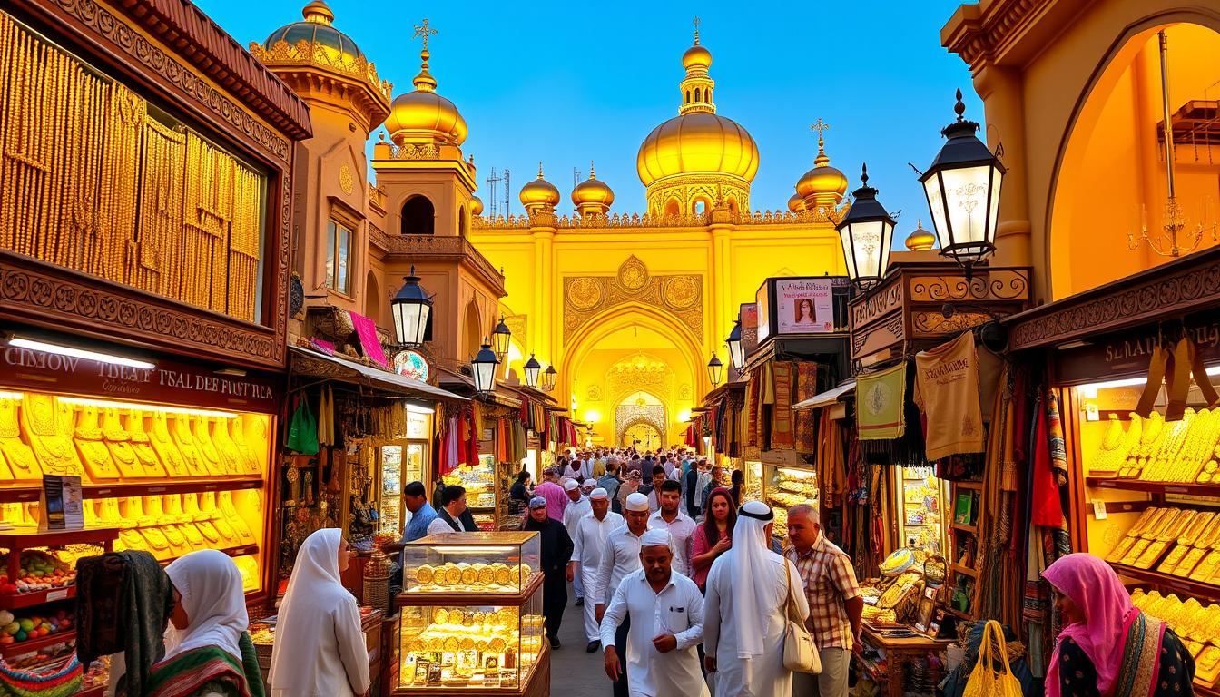 A bustling scene at Dubai's Gold Souk with numerous shops displaying intricate gold jewelry and shoppers browsing the selections