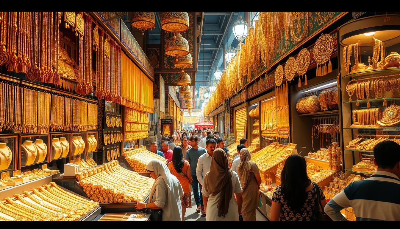 Gold jewelry displayed in a brightly lit shop window at Dubai's Gold Souk, showcasing intricate designs and a variety of pieces