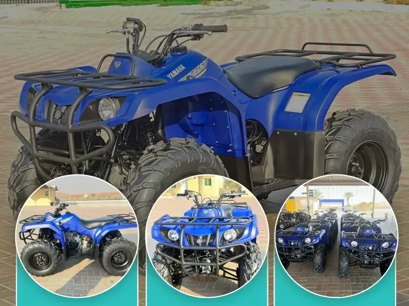 Collage of a blue Yamaha Grizzly quad bike for tours in Dubai with close-up and fleet photos in circular insets