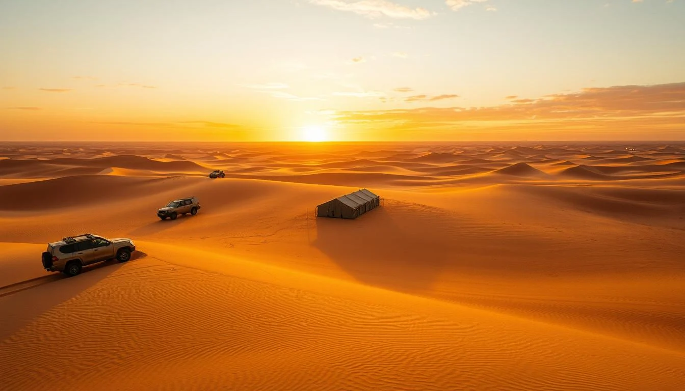 Tourists enjoying a group desert safari in Abu Dhabi with dune buggy rides and cultural activities at sunset