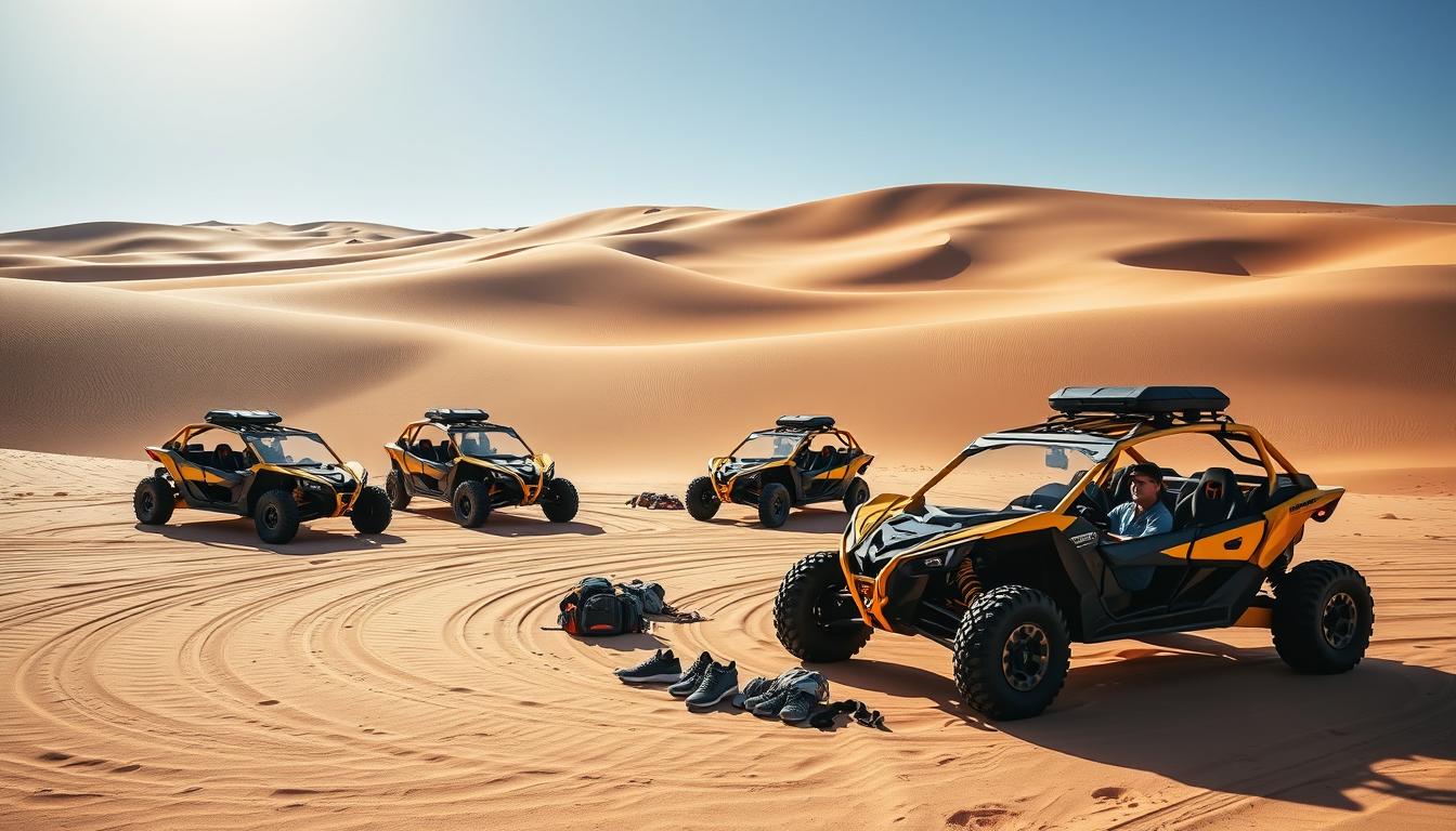Friends riding Can-Am Maverick X3 dune buggies across the vast, golden sands of Dubai's desert with the sun warming their skin