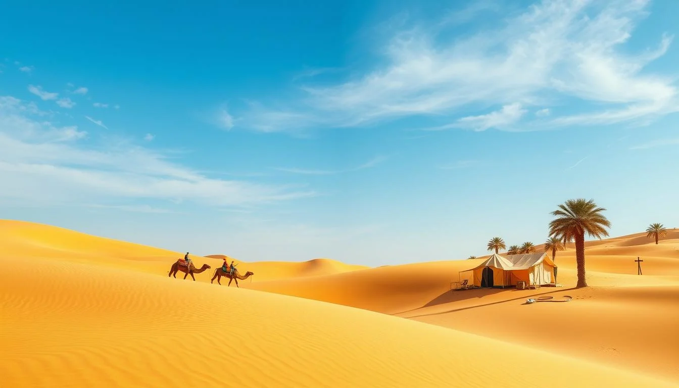 Tourists enjoying a desert safari with dune bashing and camel riding in the golden sands near Dubai's Healthcare City at sunset
