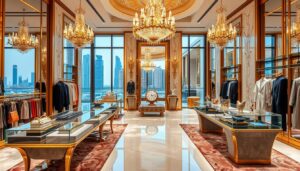 High-end fashion boutique with chandeliers, glass display cases and clothing racks overlooking Dubai towers
