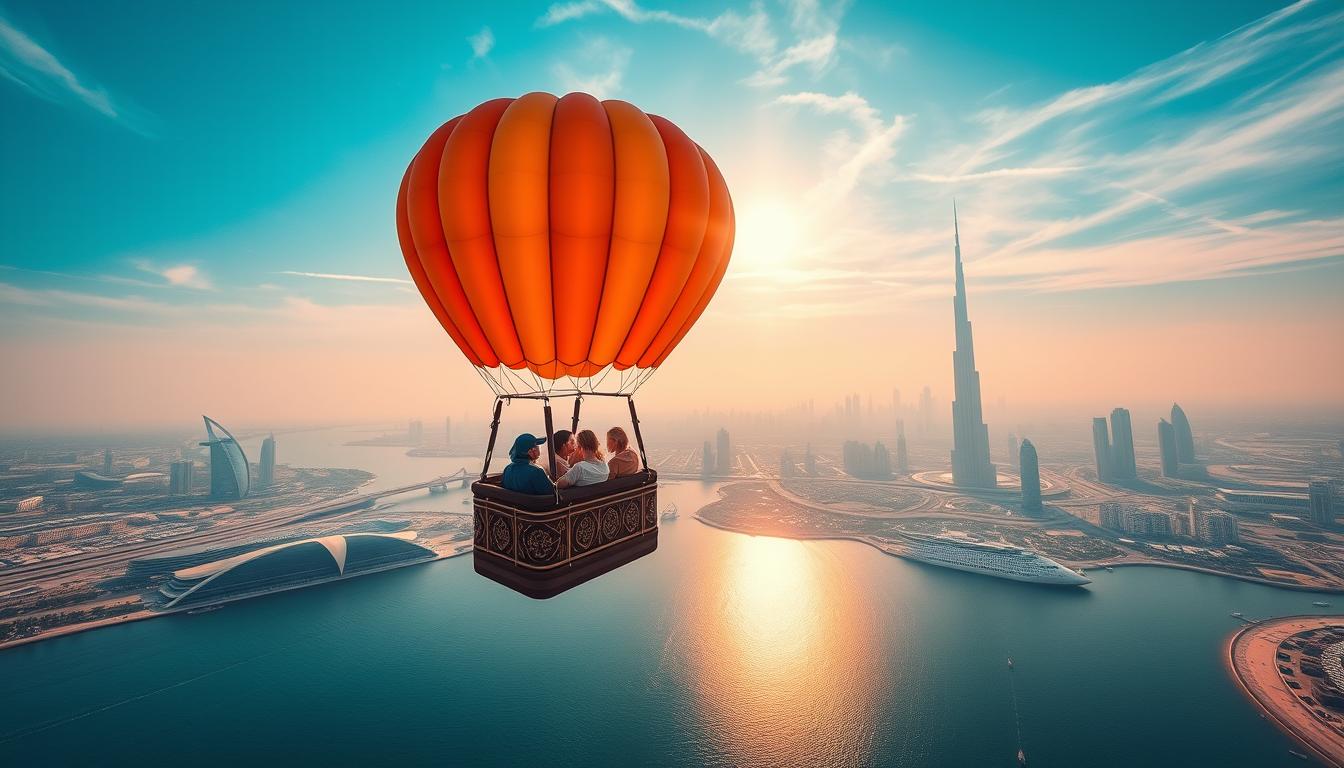 Hot air balloons floating above the Dubai desert at sunrise, with the city skyline visible in the distance, offering a unique aerial perspective.
