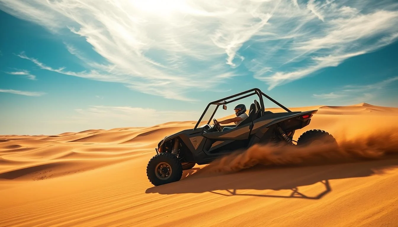 Tourists riding dune buggies across golden Abu Dhabi desert dunes at sunset, contributing to local tourism and cultural exchange