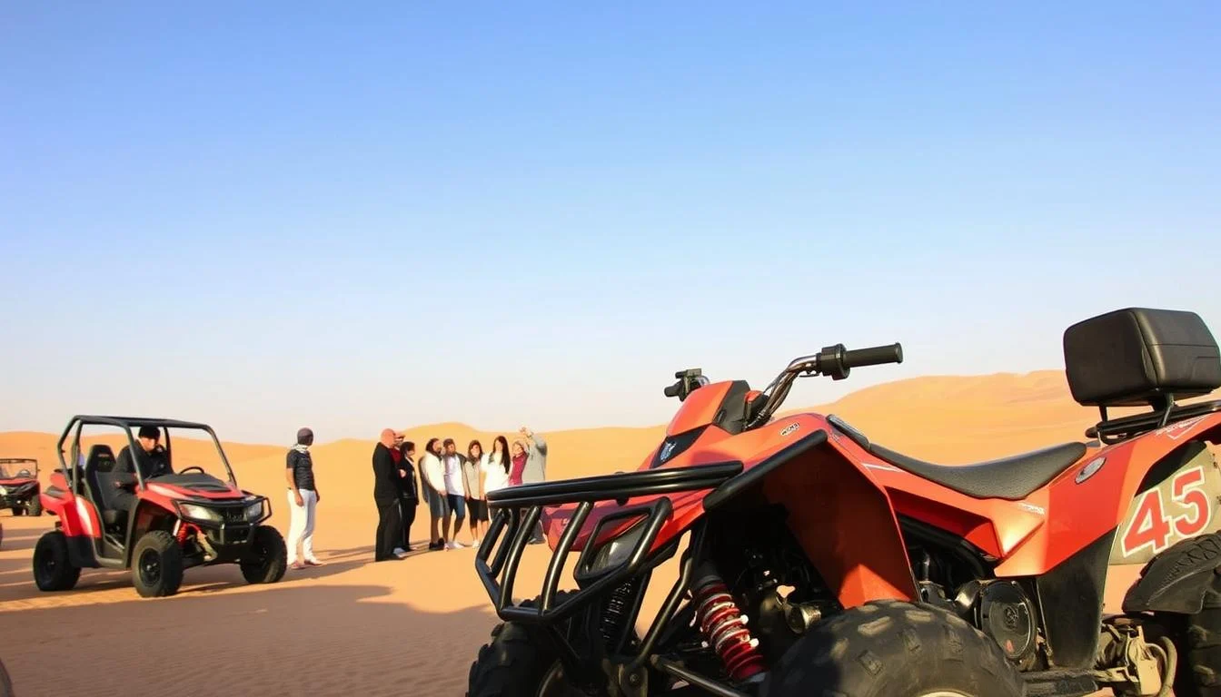 Tourists wearing helmets and protective gear, riding quad bikes in a convoy across the vast, golden sand dunes of the Arabian Desert at sunrise