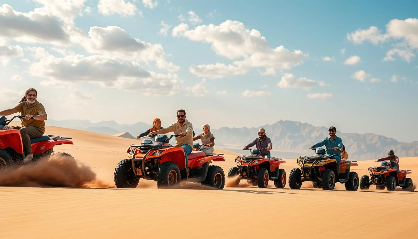 Tourists riding quad bikes across the Al Wadi desert dunes in Ras Al Khaimah with Jebel Jais mountains in the background at sunset