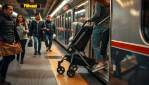 Parents with a baby in a buggy navigating a modern train station in Dubai, utilizing accessible ramps and elevators